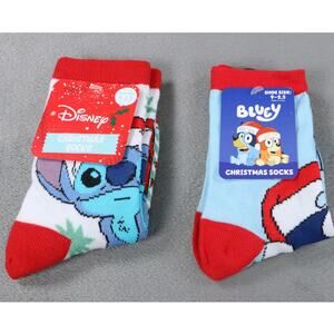 Disney Stitch & Bluey Christmas Socks Youth Shoe Size 9–2.5 Holiday Gift Lot